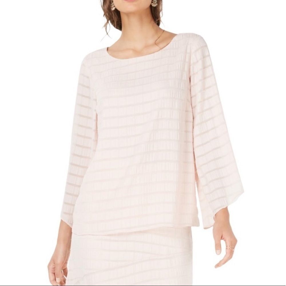Pink Textured Wide Long Sleeve Relaxed Blouse Top - NEW